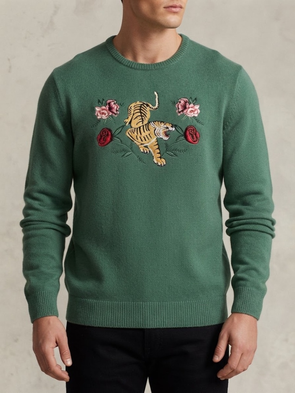 Simons Embroidered Tiger and Roses green knit sweater, size XL